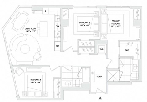 Floor plan for 3 beds, 2 baths, 1220 sqft